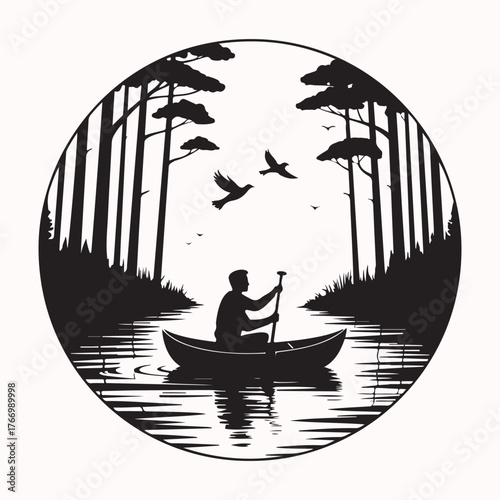 A solitary person paddling a canoe on a calm river, a tranquil black and white circular emblem of nature and adventure