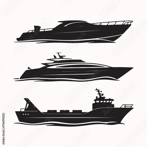 A collection of black boat silhouettes, including a luxury yacht, a modern speedboat, and a commercial ship for maritime travel concepts