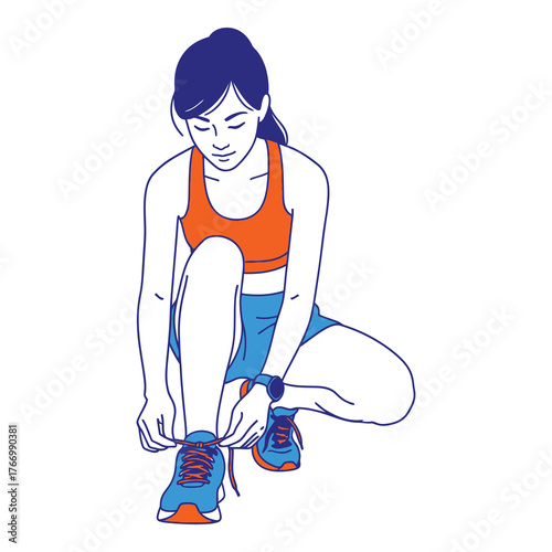 Woman tying shoelaces before a run vector line art illustration on white background representing fitness and healthy lifestyle
