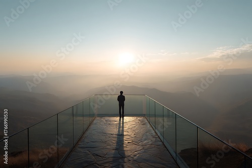 A solitary figure stands on a modern glass observation deck, gazing at a vast, hazy mountain landscape during a serene sunrise or sunset.