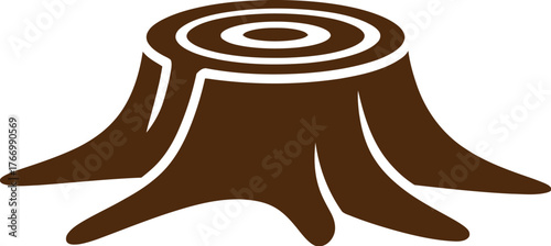 A brown tree stump with visible rings is shown on a white background.