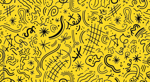 Abstract doodle pattern with hand-drawn lines and shapes on yellow seamless vector background for creative design projects