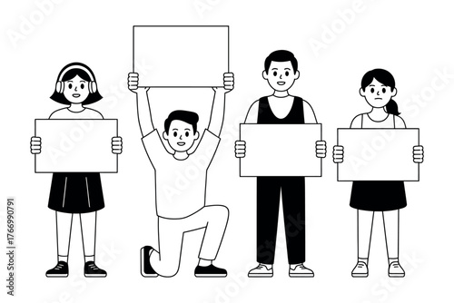 Vector art of group of people protesting with blank signs