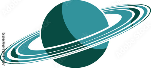 A stylized illustration of a ringed planet against a white background.