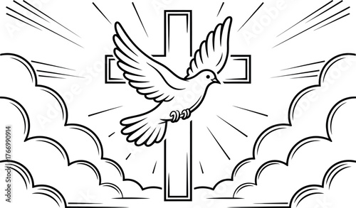 Vector art of dove flying in front of cross