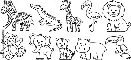 Black-and-white cartoon animals, jungle and zoo creatures, kids coloring icons, educational wildlife set, simple animal drawings, early learning art