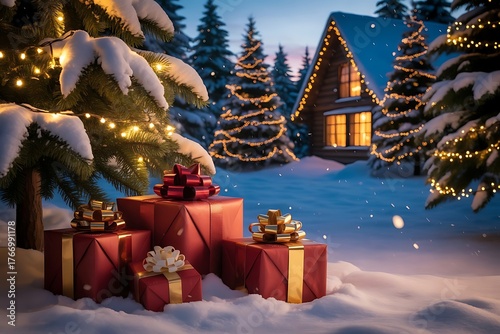 merry christmas background with gift box and ball lamp