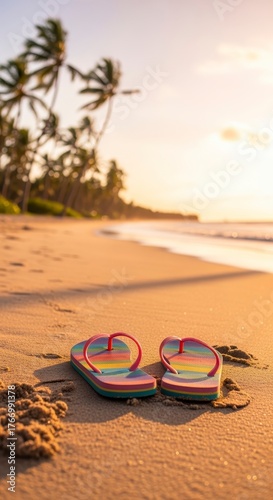 A pair of colorful flip-flops rests on a sandy beach, framed by palm trees and a sunset sky, evoking a sense of relaxation and vacation.