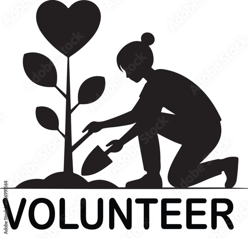 Silhouette of a person planting a heart shaped tree symbolizing volunteerism and care