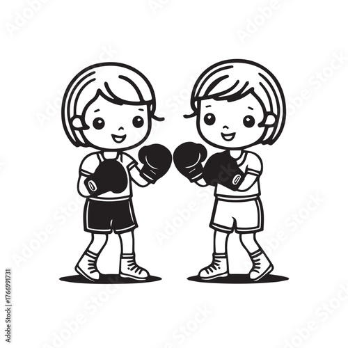 Two adorable cartoon children wearing boxing gloves and shorts ready for a friendly sparring match illustration