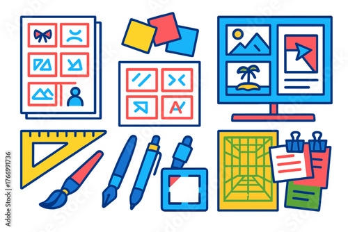 Creative Design Tools. Isometric vector illustration set design and editing tools: storyboard sheets, post-it notes, reference