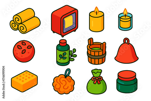 Spa Essentials Icons. Isometric vector illustration set featuring towel, candle, and bath supplies: rolled spa towels, towel