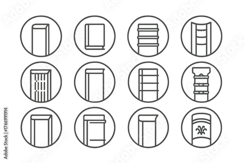 Book Spine Icons. Line style icons of book spines in round shape: rounded spine, flat spine, raised bands, stitched spine; exposed
