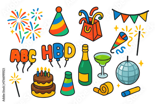 Vibrant Party Icons. Isometric vector illustration set celebration elements: multicolor fireworks, cone party hat, gift bag with