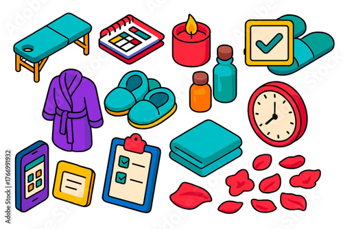 Spa Scheduling Icons. Isometric vector illustration set Spa and Wellness Scheduling Icons: massage table, planner notebook,