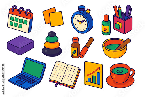Mindful Productivity Icons. Isometric vector illustration set Productivity and Mindfulness: calendar page, sticky notes, stopwatch