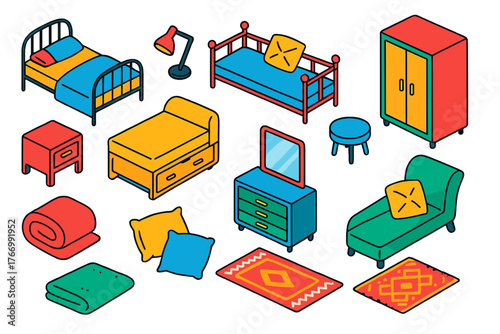 Colorful Bedroom Elements. Isometric vector illustration set bedroom elements collection: metal bed frame, daybed, trundle bed,
