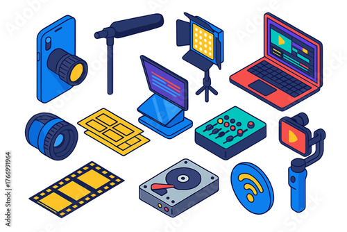 Media Creation Icons. Isometric vector illustration set Media Creation and Publishing: smartphone camera, boom microphone, LED