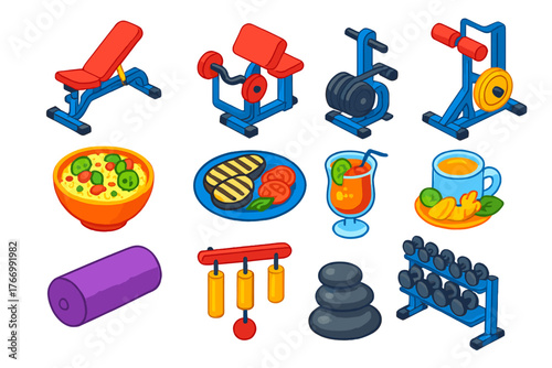 Healthy Lifestyle Icons. Isometric vector illustration set Healthy Lifestyle: adjustable bench, preacher curl station, calf raise
