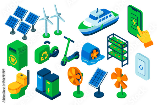 Sustainable Tech Icons. Isometric vector illustration set technology and sustainability: bifacial solar panels, community wind