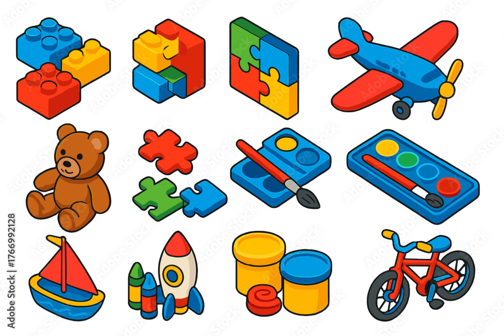 Fototapeta premium Vibrant Toy Collection. Isometric vector illustration set Creative Kids and Play: lego-style bricks, jigsaw puzzle, paintbrush set