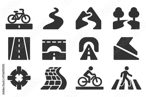 Solid Cycling Path Icons. Solid style icons of Roads and cycling paths: bike lane, trail, mountain path, park path, urban street,