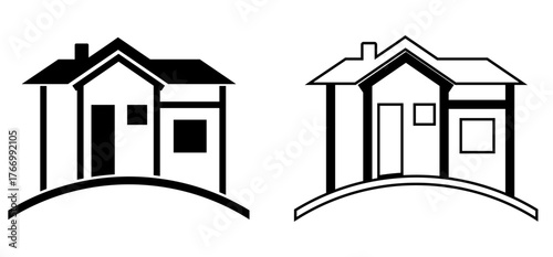 Black and white vector icons of house in filled and outlined styles, symbolizing residential housing, home construction, real estate, architecture, property, and living space concept.