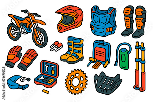 Off-Road Gear Essentials. Isometric vector illustration set Off-road Race Gear Outline Style: dirt bike, motocross helmet, chest