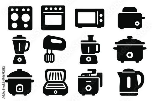 Solid Cooking Icons. Solid style icons of Cooking appliances: stove, oven, microwave, toaster, blender, mixer, food processor,