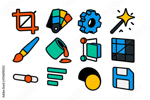 Minimalist Design Tools. Isometric vector illustration set Minimalist Design Tools: crop icon, color palette, settings gear, magic