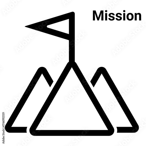 Black and white vector icon of a mountain with a flag symbolizing mission, goal achievement, challenge, ambition, personal objective, success, and overcoming obstacles concept.