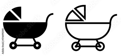 Black and white vector icon of baby stroller with pie chart symbolizing baby care, parenting, family planning, infant services, demographic analysis, and statistics concept.