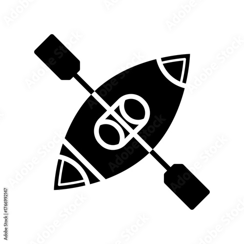 Black and white vector icons of kayak with paddles, representing water sports, kayaking, outdoor adventure, recreational boating, paddling, and outdoor activity concept isolated on white background.