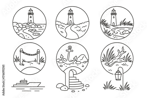 Lighthouse Surroundings Icons. Line style icons of lighthouse surroundings in round shape: rocky shore, narrow path, tide pool,