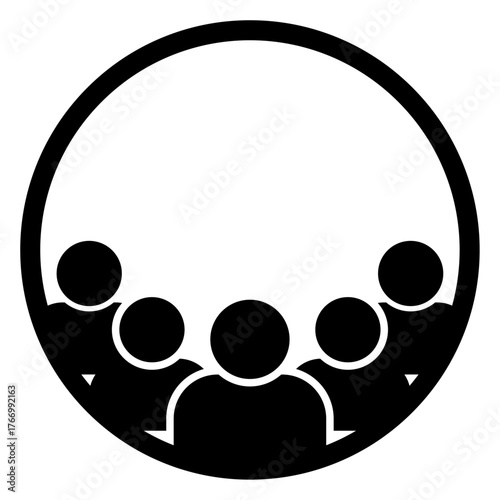 Black and white vector icon of a group of people inside a circular frame symbolizing team collaboration, meeting, conference, group discussion, teamwork, or professional gathering concept.