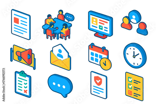 Internal Communication Icons. Isometric vector illustration set Internal Company Communication Icons: newsletter document, team
