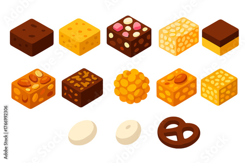 Colorful Sweet Treats Collection. Isometric vector illustration set sweet treats collection: brownie square, blondie square, rocky