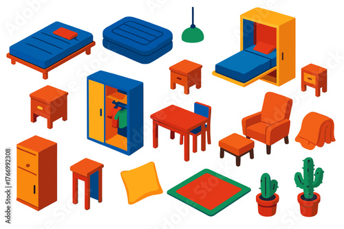 Vibrant Bedroom Essentials. Isometric vector illustration set bedroom elements collection: futon bed, Murphy bed, inflatable bed,