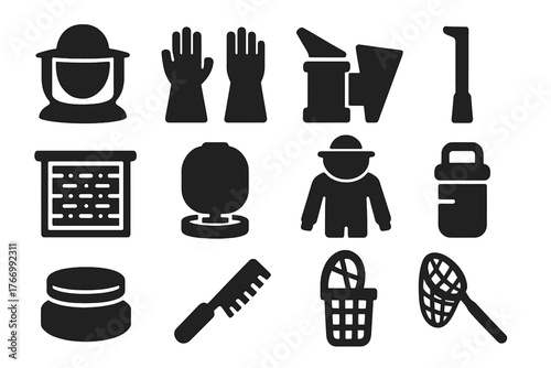 Bee Accessories Icons. Solid style icons of Bee accessories: veil, gloves, smoker, hive tool, frame, feeder, protective suit,