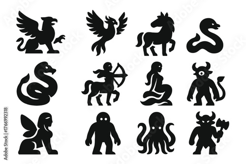 Mythical Creature Icons. Solid style icons of Mythical creatures: griffin, phoenix, unicorn, basilisk, chimera, centaur, fairy,