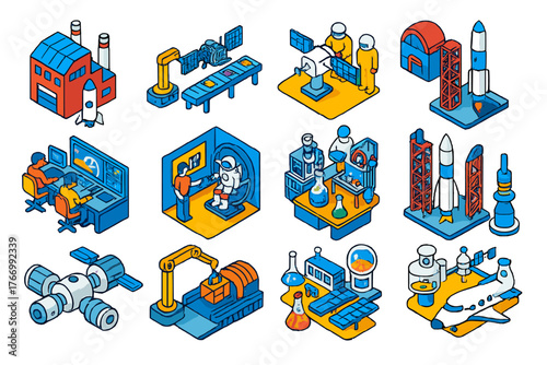 Space Industry Icons. Isometric vector illustration set Space Industry Icons: rocket factory, satellite assembly line, cleanroom,