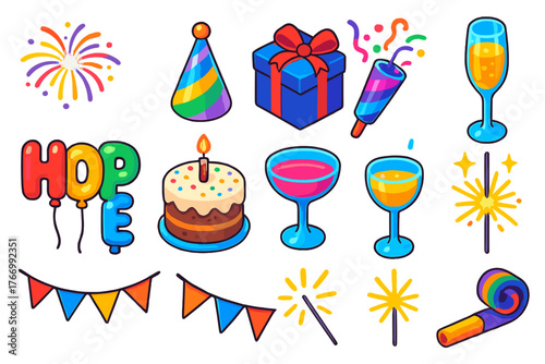 Celebration Icon Set. Isometric vector illustration set celebration elements: colorful pyrotechnic fireworks, holographic party