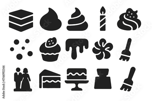 Cake Icon Elements. Solid style icons of Cake elements: layers, frosting, icing swirl, candle, sprinkles, fruit topping, chocolate