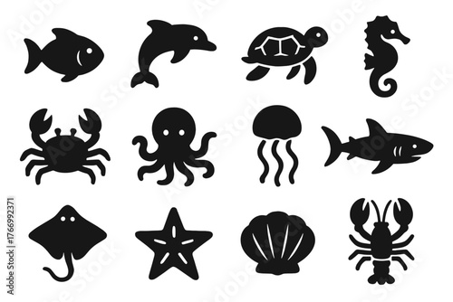 Sea Creatures Icons. Solid style icons of Sea creatures: fish, dolphin, turtle, seahorse, crab, octopus, jellyfish, shark, ray,