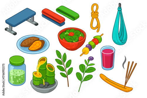 Health Icons Collection. Isometric vector illustration set Healthy Lifestyle: exercise bench, glute bands, climbing rope, yoga