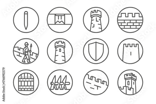 Castle Defense Icons. Line style icons of castle defenses in round shape: arrow slit, murder hole, battlement, fortified wall;