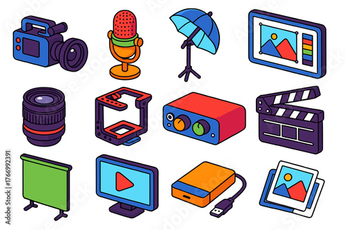 Media Creation Tools. Isometric vector illustration set Media Creation and Publishing: film camera, podcast mic, umbrella light,