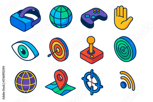 Virtual World Icons. Isometric vector illustration set Virtual World Icons: headset, globe, controller, waving hand, eye, target,
