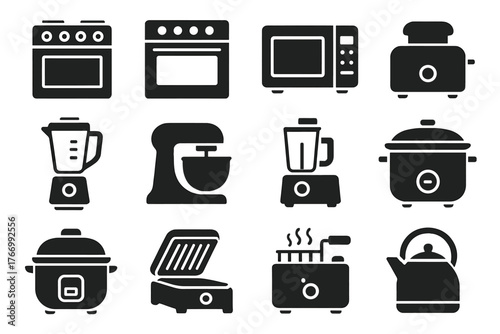 Solid Cooking Icons. Solid style icons of Cooking appliances: stove, oven, microwave, toaster, blender, mixer, food processor,