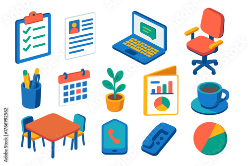HR Essentials Icons. Isometric vector illustration set business and HR essentials: interview checklist, applicant resume, laptop